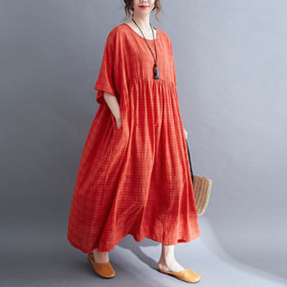 Red O-neck Cinched Cotton Holiday Dress Short Sleeve