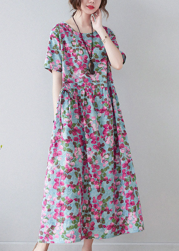 Red O-neck Cinched Print Cotton Cinch Dress Short Sleeve