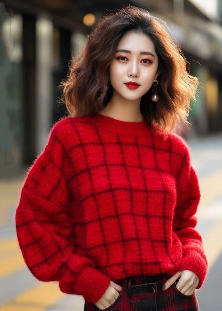 Red O Neck Cozy Cotton Knit Sweaters Long Sleeve