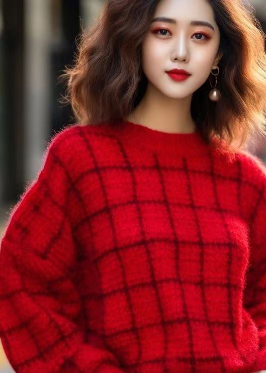 Red O Neck Cozy Cotton Knit Sweaters Long Sleeve