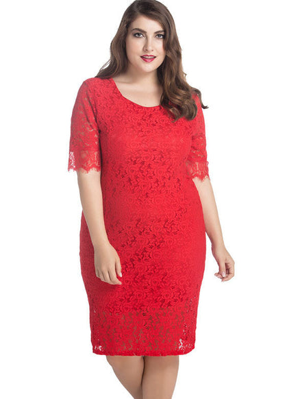 Red O Neck Hollow Out Patchwork Lace Mid Dress Summer