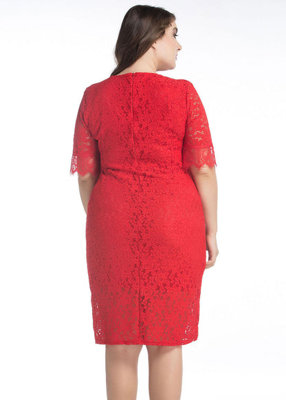 Red O Neck Hollow Out Patchwork Lace Mid Dress Summer