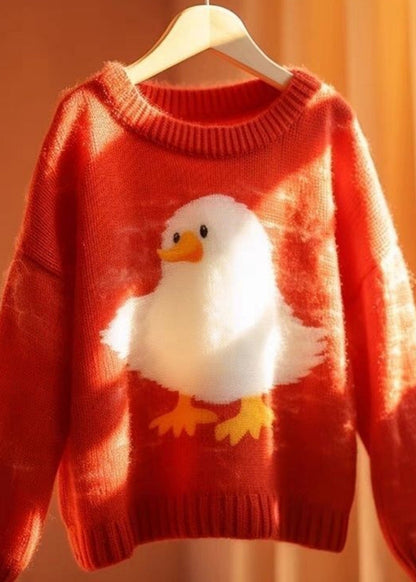 Red O Neck Little Duck Cotton Knit Sweaters Long Sleeve