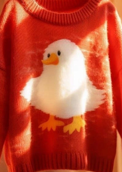 Red O Neck Little Duck Cotton Knit Sweaters Long Sleeve