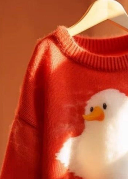 Red O Neck Little Duck Cotton Knit Sweaters Long Sleeve