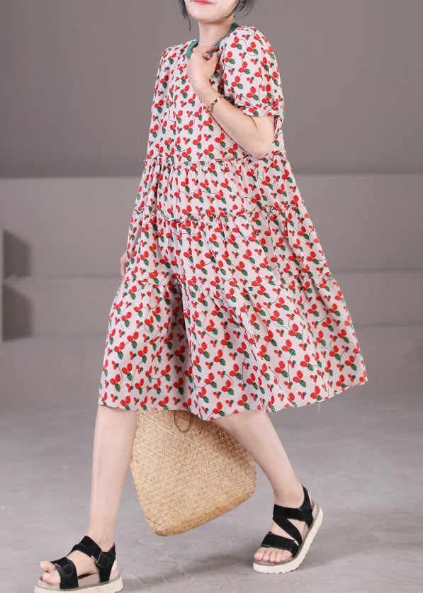 Red O-neck Patchwork Print Cotton a Line Dress Short Sleeve