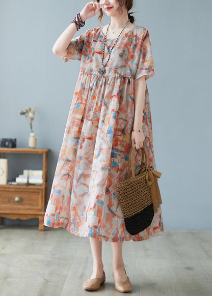Red O-neck Patchwork Print Holiday Maxi Dress Short Sleeve