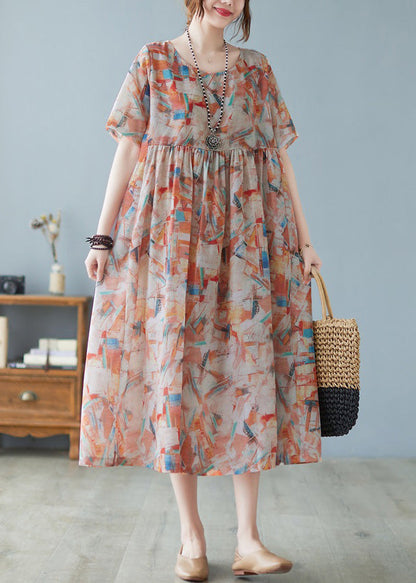 Red O-neck Patchwork Print Holiday Maxi Dress Short Sleeve