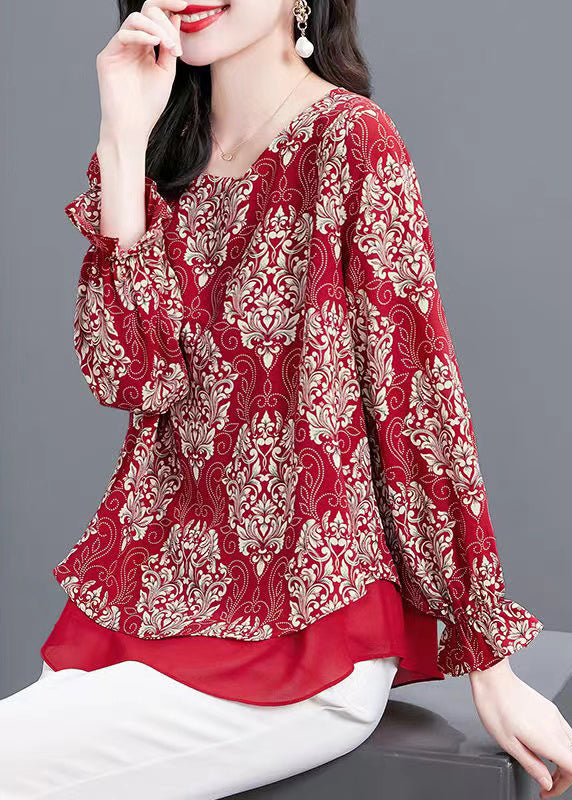 Red O Neck Print Patchwork Chiffon Blouses Flare Sleeve