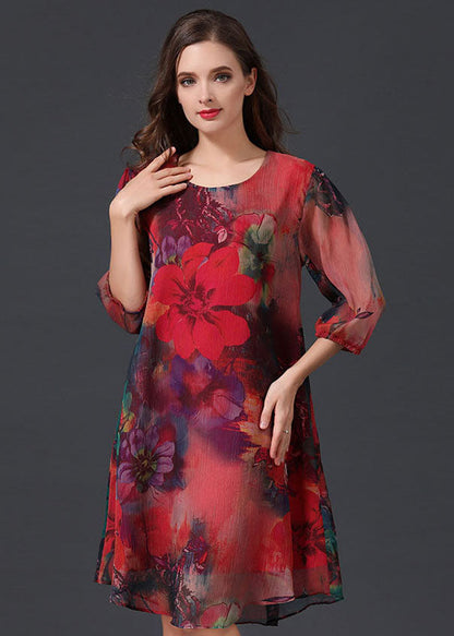 Red O Neck Print Patchwork Chiffon Mid Dress Summer