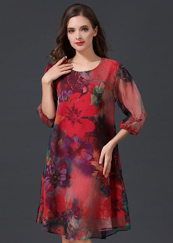 Red O Neck Print Patchwork Chiffon Mid Dress Summer