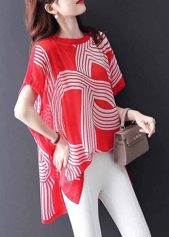 Red O Neck Print Patchwork Chiffon Tops Batwing Sleeve