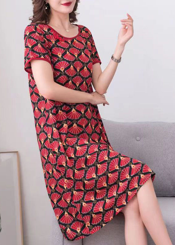 Red O Neck Print Patchwork Cotton Dress Summer