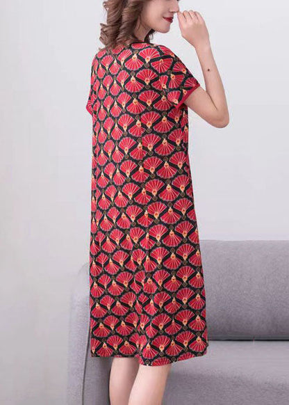 Red O Neck Print Patchwork Cotton Dress Summer