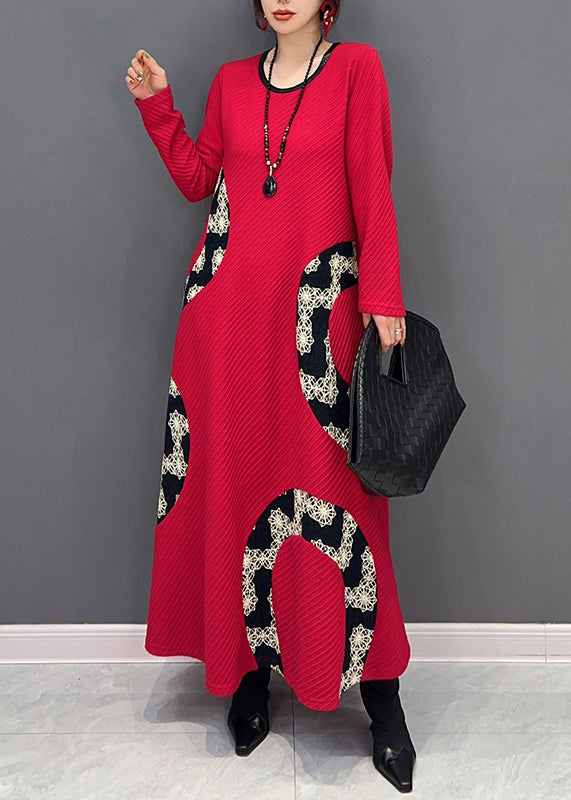 Red O Neck Print Patchwork Knit Long Dress Fall