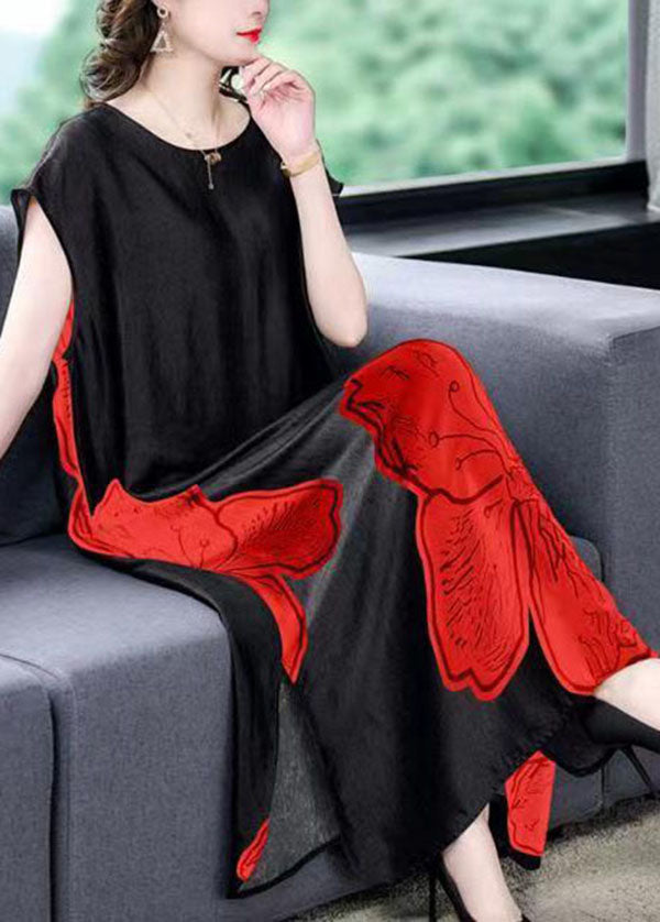 Red O Neck Print Side Open Patchwork Silk Long Dresses Summer