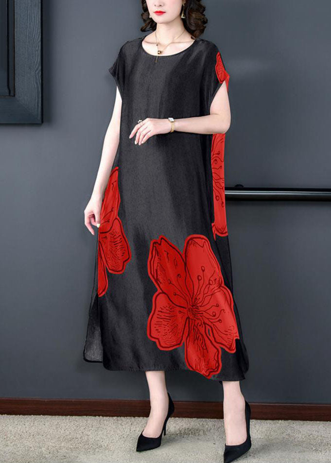 Red O Neck Print Side Open Patchwork Silk Long Dresses Summer