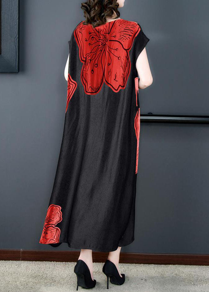 Red O Neck Print Side Open Patchwork Silk Long Dresses Summer