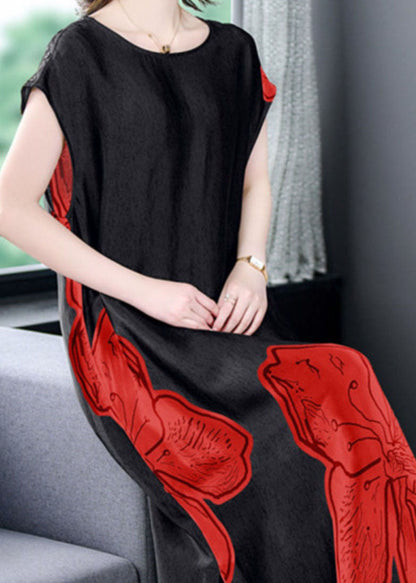 Red O Neck Print Side Open Patchwork Silk Long Dresses Summer