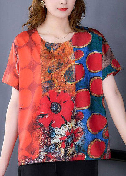 Red O-neck Print Side Open Silk Top Summer