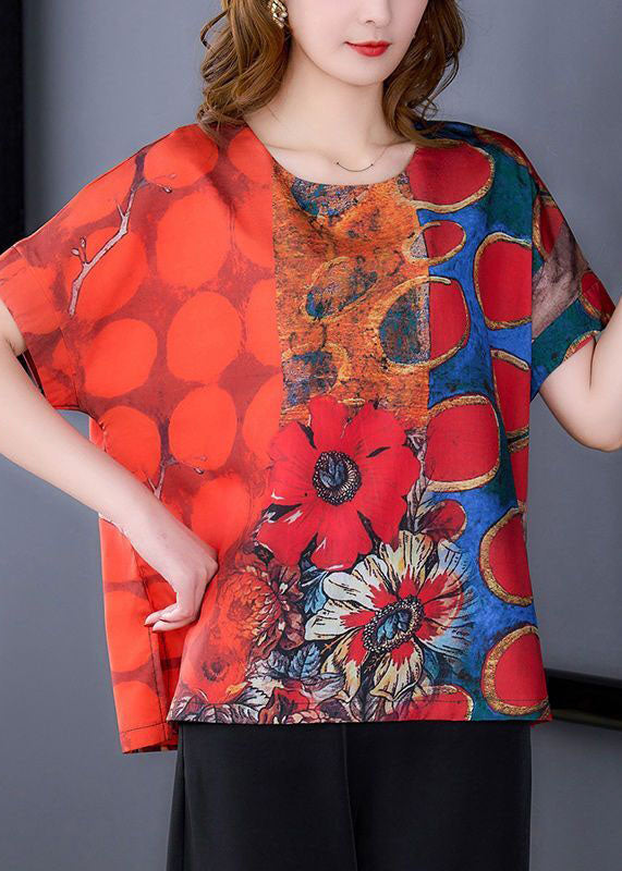 Red O-neck Print Side Open Silk Top Summer