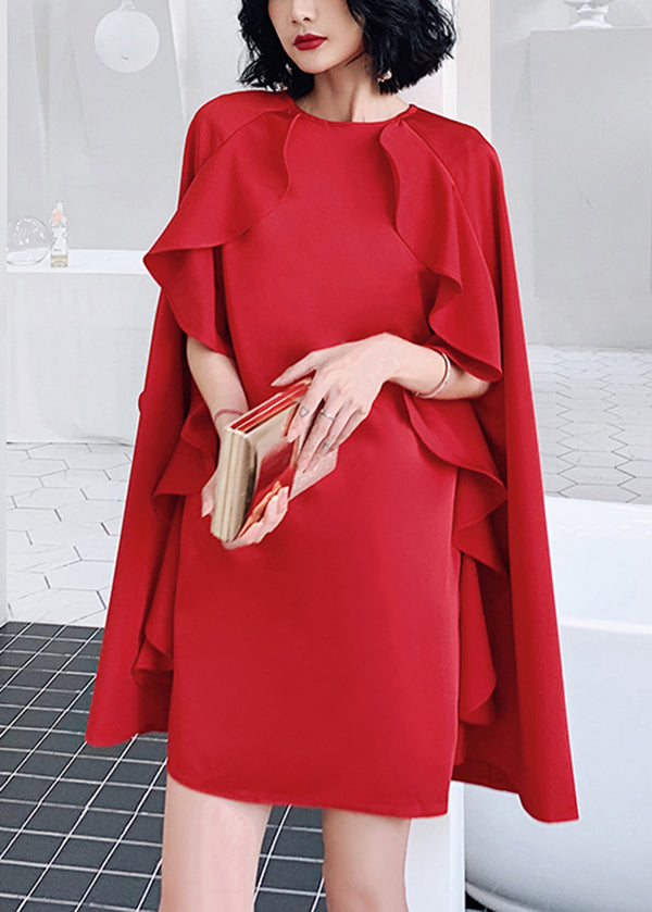 Red O-neck Ruffled Patchwork Cotton Mid Dresses Summer