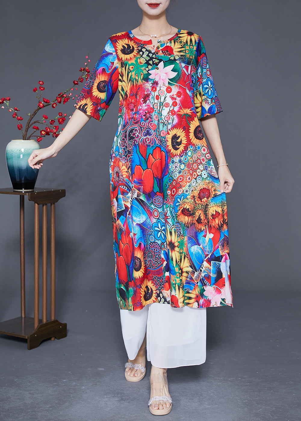 Red O-neck Sunflower Print Silk Dress Summer