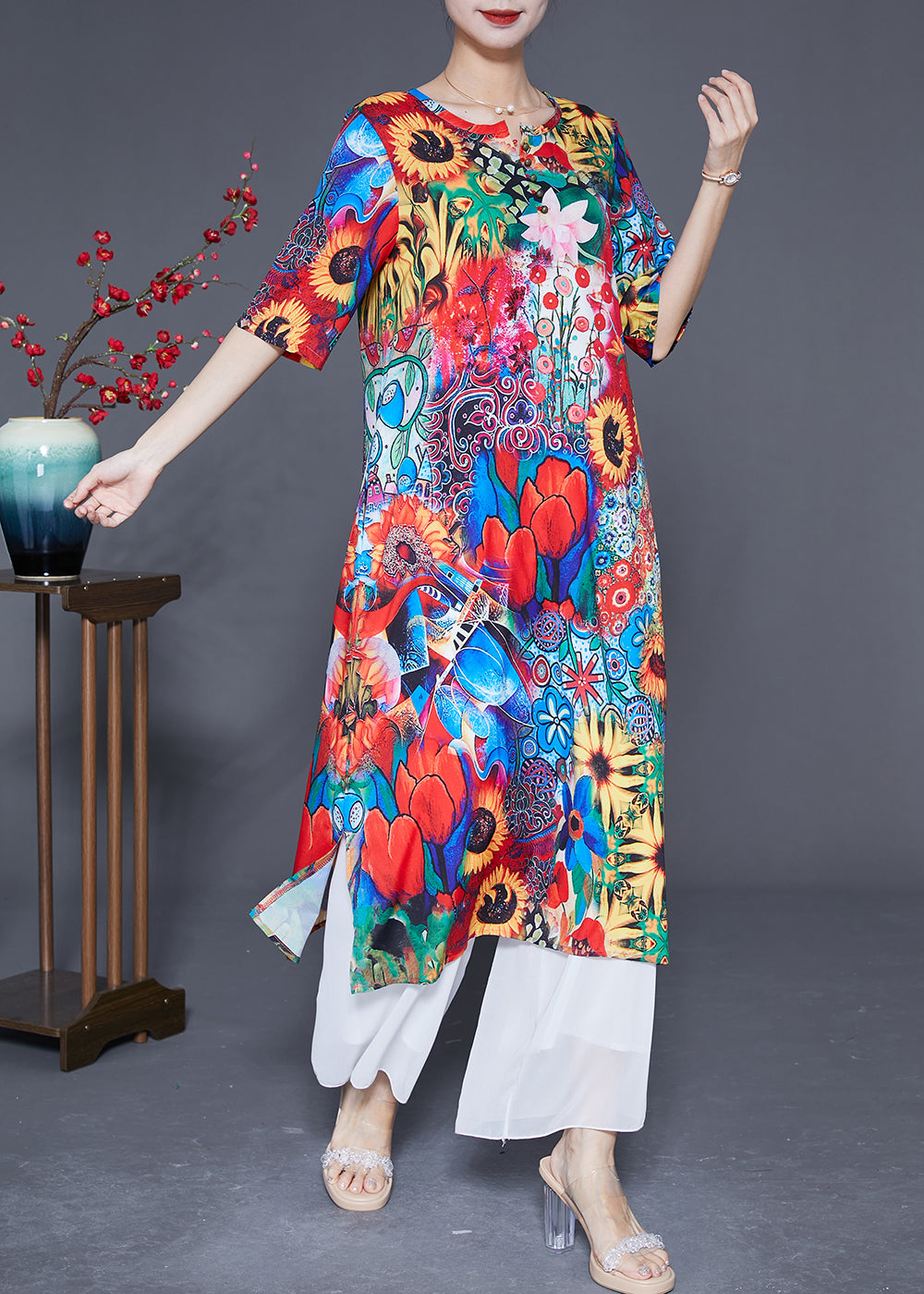 Red O-neck Sunflower Print Silk Dress Summer