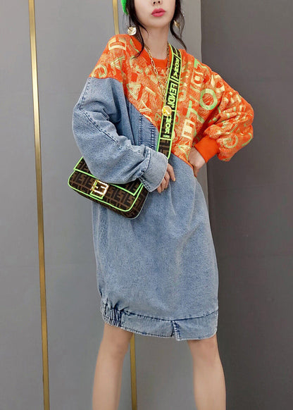 Red O-neck Print Knit Patchwork Denim Dresses Spring