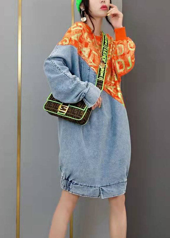 Red O-neck Print Knit Patchwork Denim Dresses Spring
