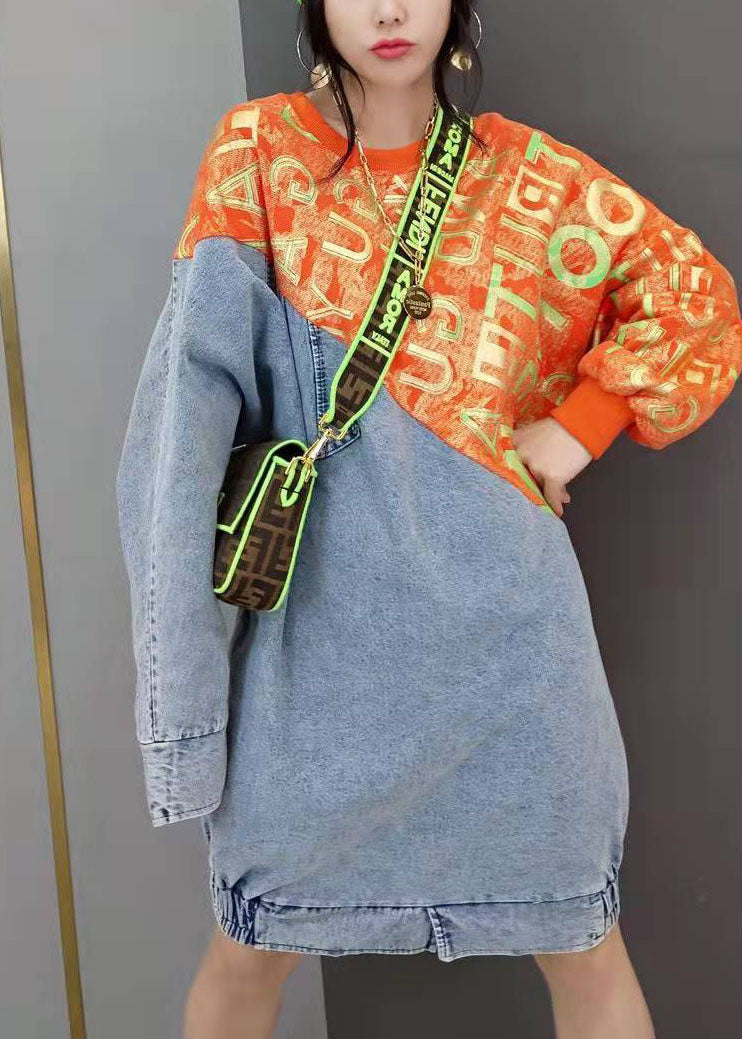 Red O-neck Print Knit Patchwork Denim Dresses Spring