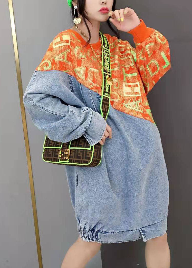 Red O-neck Print Knit Patchwork Denim Dresses Spring