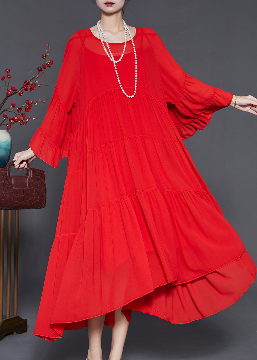 Red Oversized Exra Large Hem Chiffon Dresses Flare Sleeve