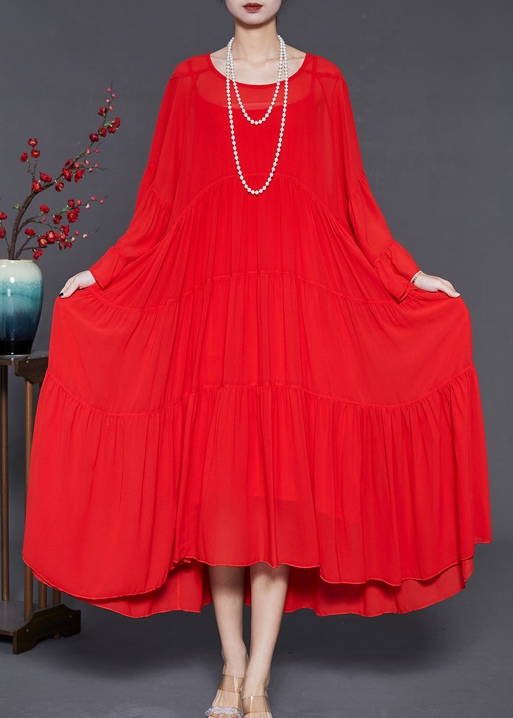 Red Oversized Exra Large Hem Chiffon Dresses Flare Sleeve