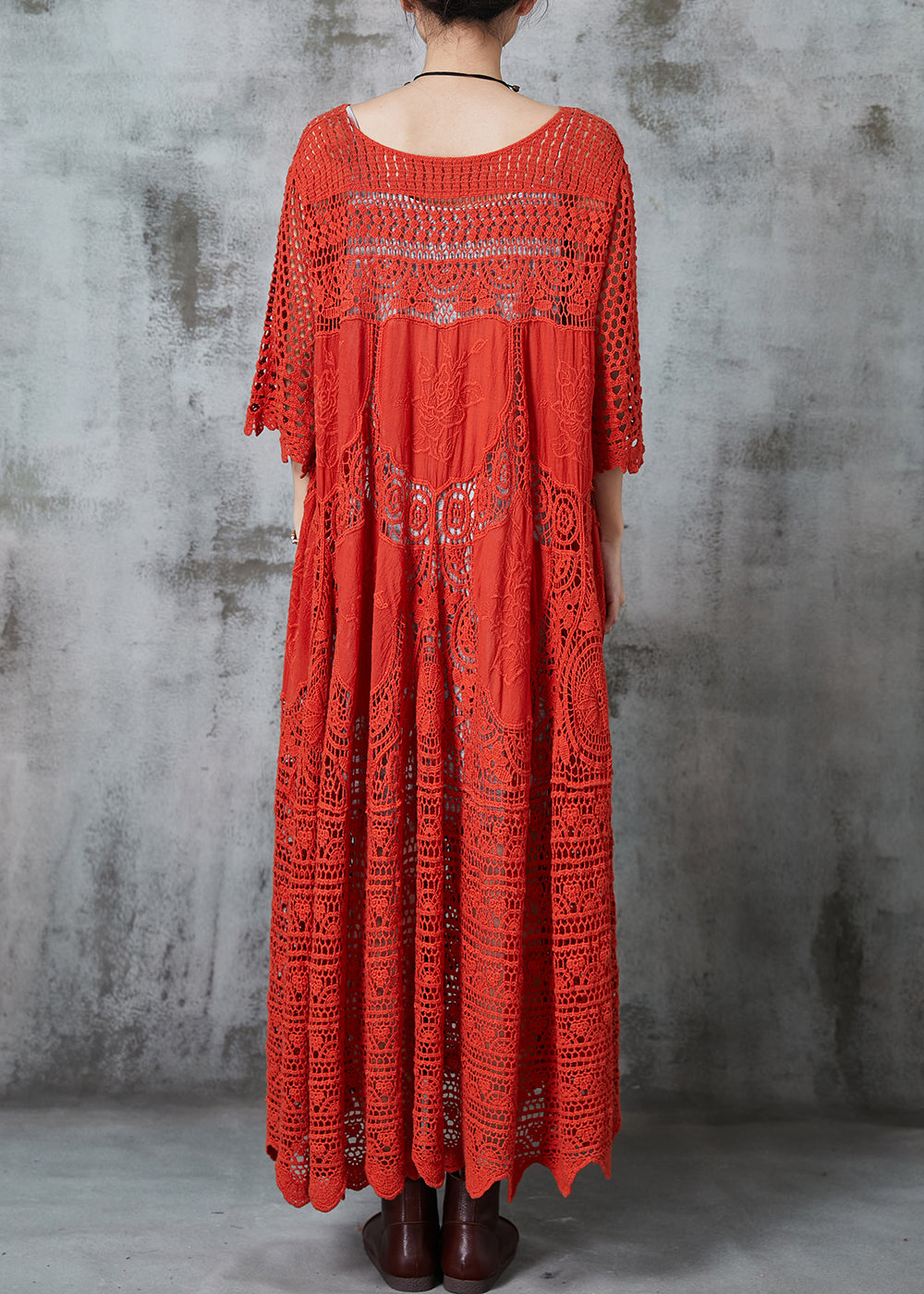 Red Oversized Hollow Out Cotton Holiday Dress Summer