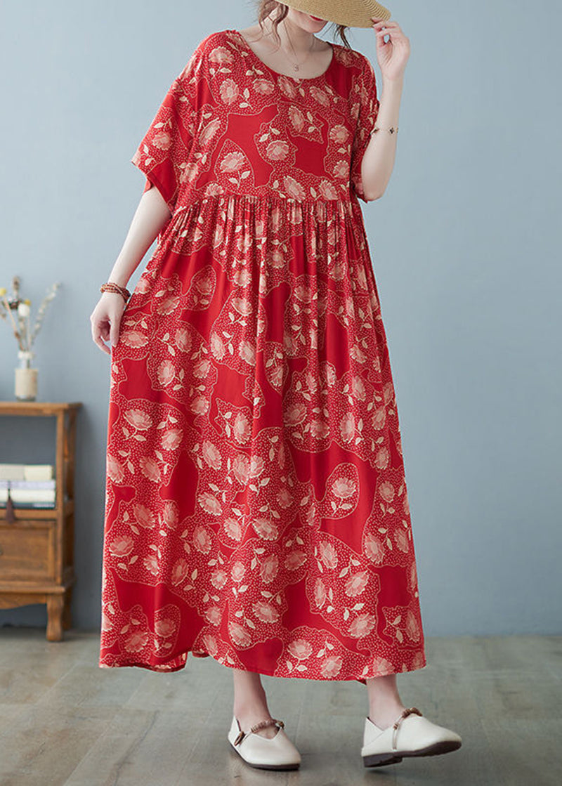 Red Oversized Print Exra Large Hem Cotton Vacation Dresses Summer