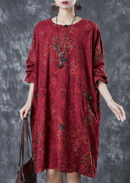 Red Oversized Print Linen Oriental Dress Fall