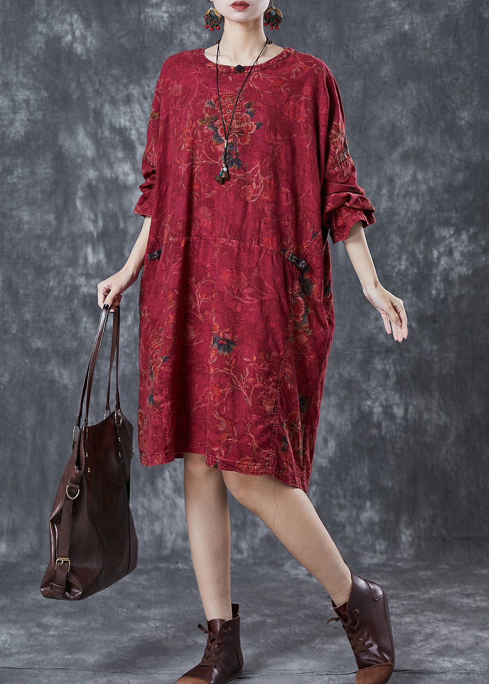 Red Oversized Print Linen Oriental Dress Fall