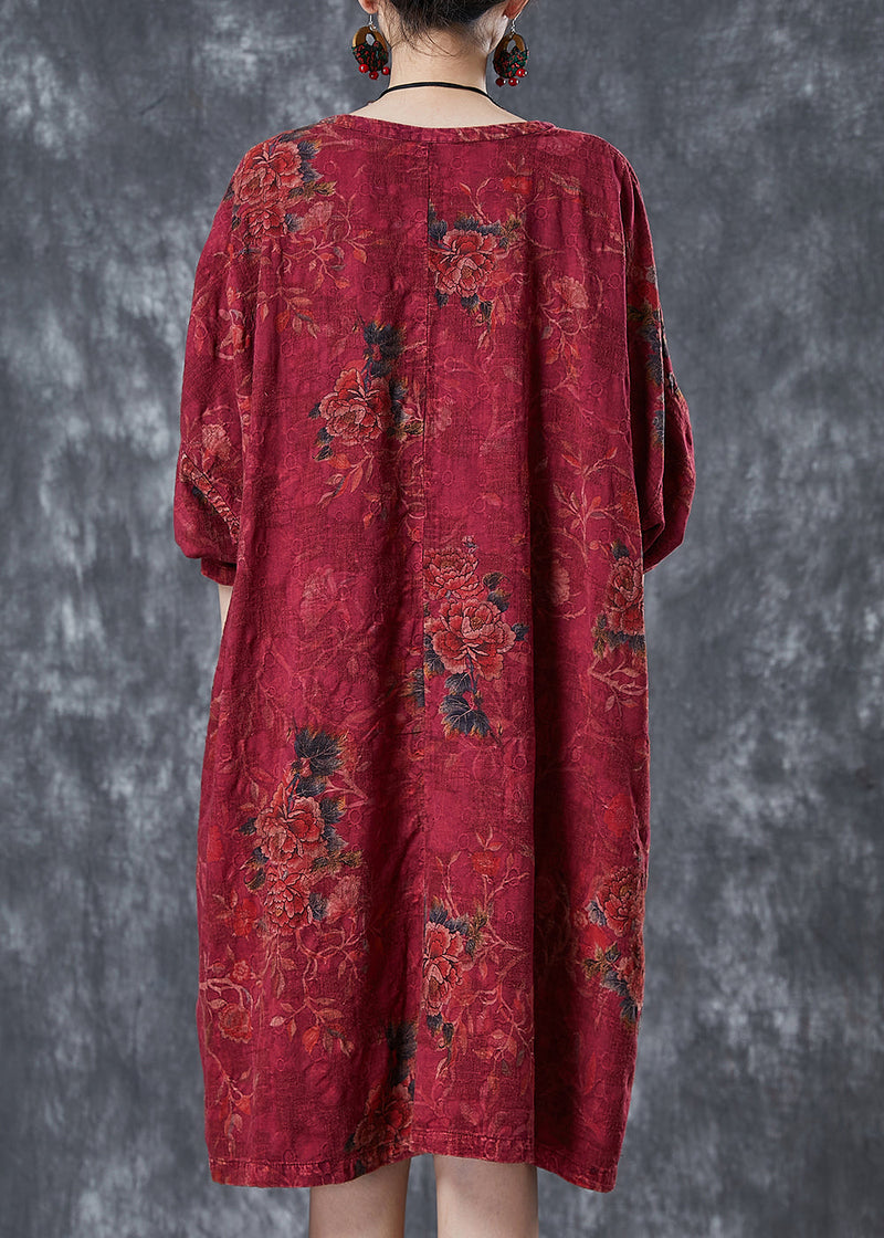 Red Oversized Print Linen Oriental Dress Fall