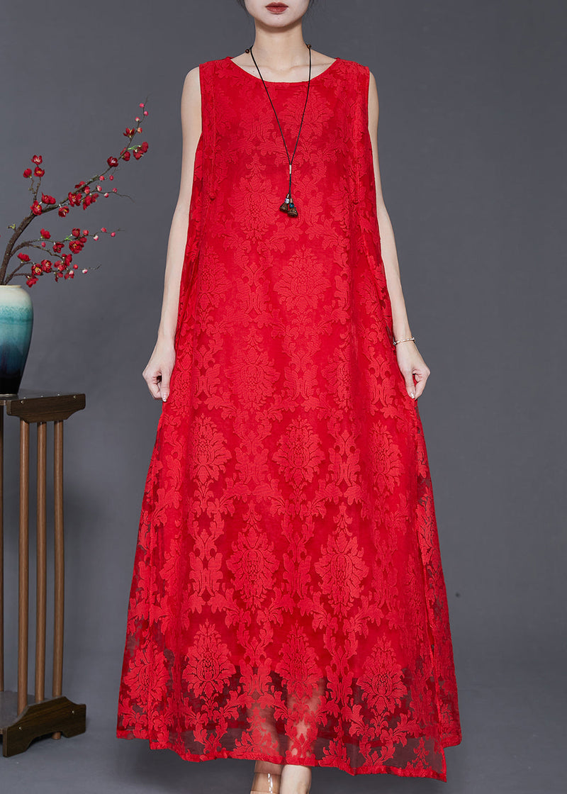 Red Oversized Side Open Lace a Line Dresses Sleeveless