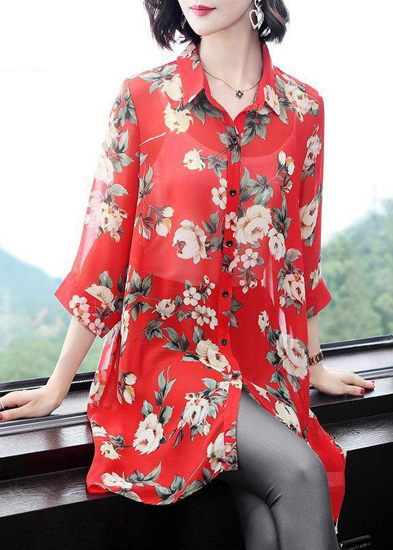 Red Peter Pan Collar Button Print Chiffon Shirt Half Sleeve