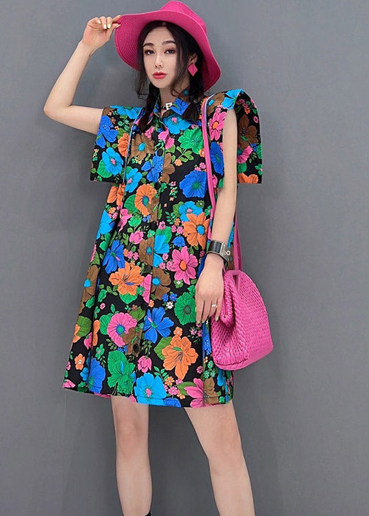 Red Peter Pan Collar Print Button Mid Dress Short Sleeve