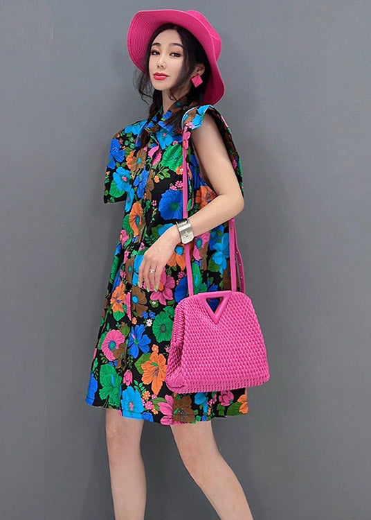 Red Peter Pan Collar Print Button Mid Dress Short Sleeve