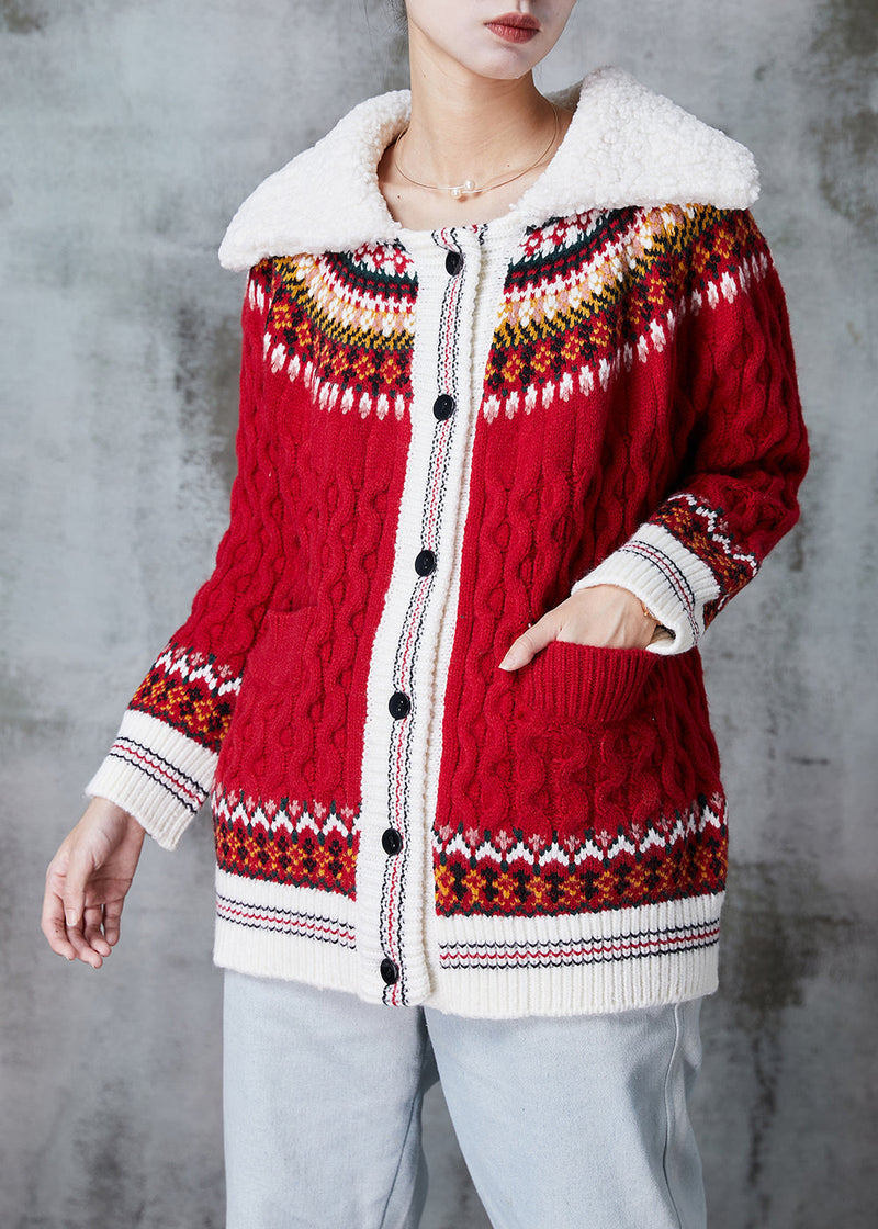 Red Peter Pan Collar Print Knit Cardigan Spring