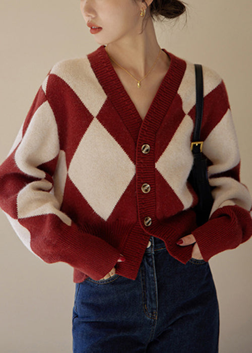 Red Plaid Button Patchwork Knit Sweaters Fall