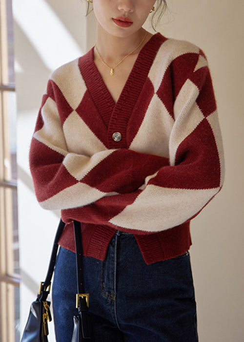 Red Plaid Button Patchwork Knit Sweaters Fall