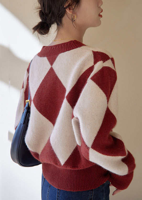Red Plaid Button Patchwork Knit Sweaters Fall