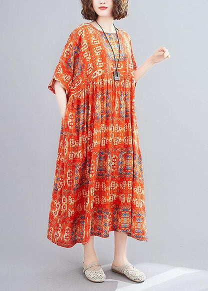 Red Pockets Print Holiday Dress O Neck Cotton Dress