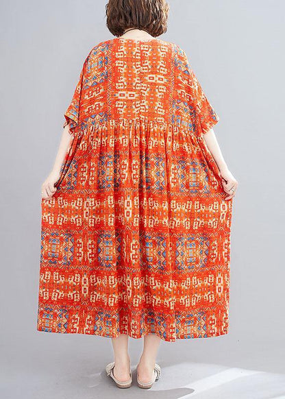 Red Pockets Print Holiday Dress O Neck Cotton Dress