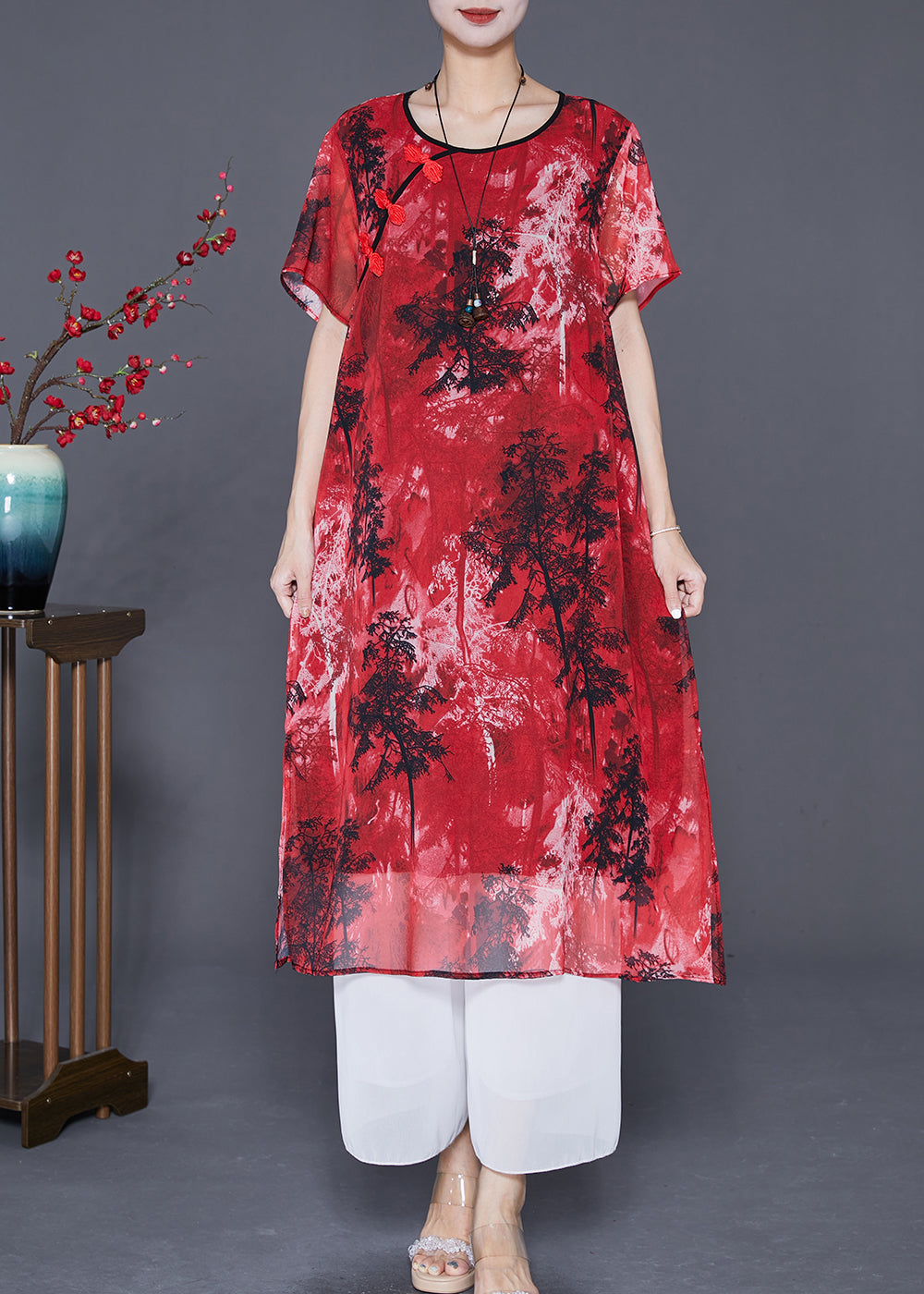 Red Print Chinesebutton Chiffon Vacation Dresses Summer